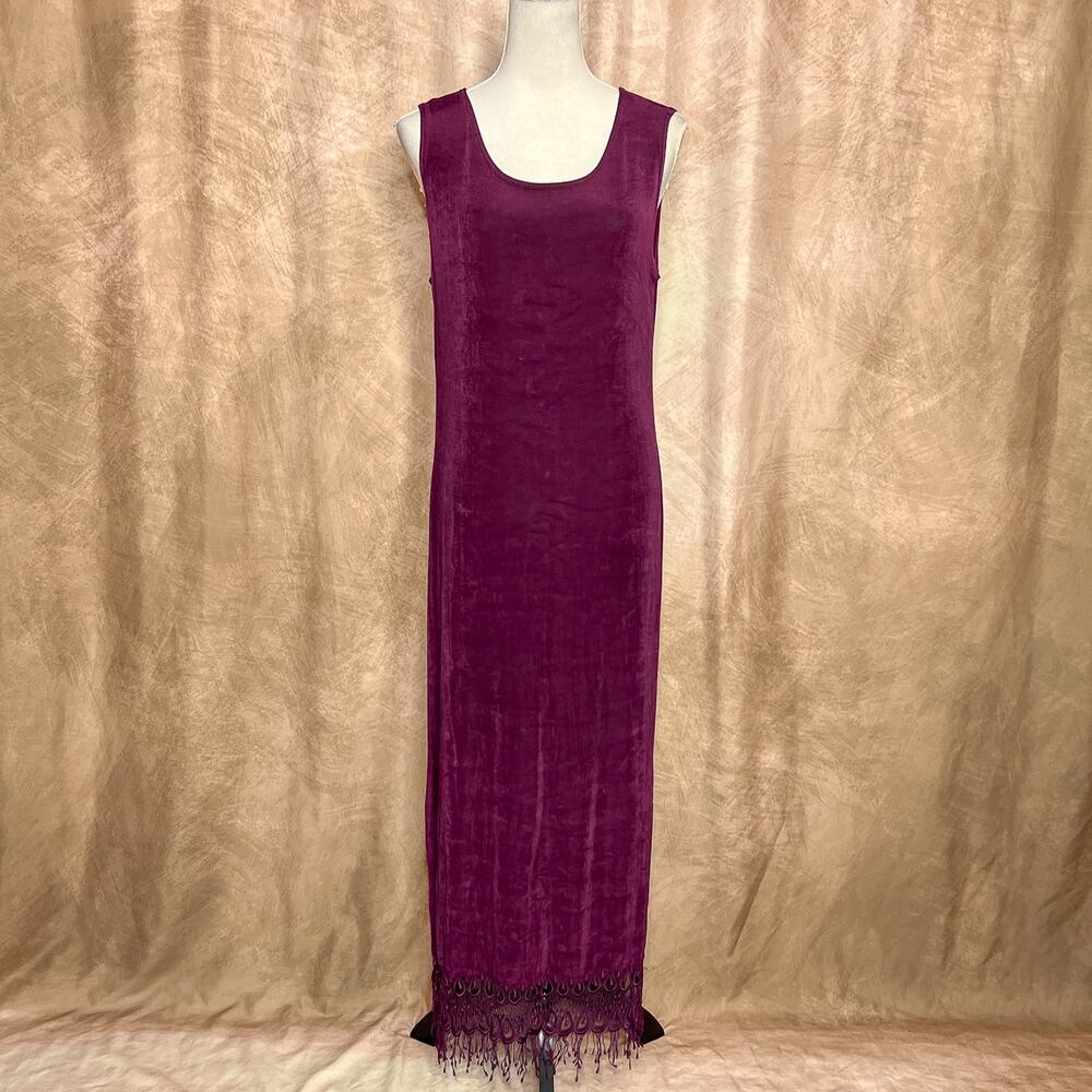 Vintage 90s Purple Sleeveless Fringe Maxi Dress Shift Ribbed Lace Boho Grunge
